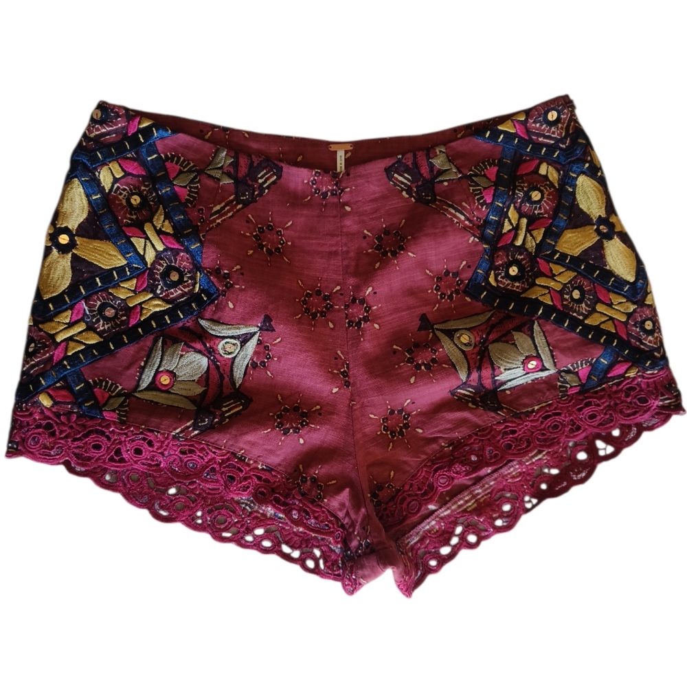 Free People Boho Embroidered Burgundy Shorts Sz 4
